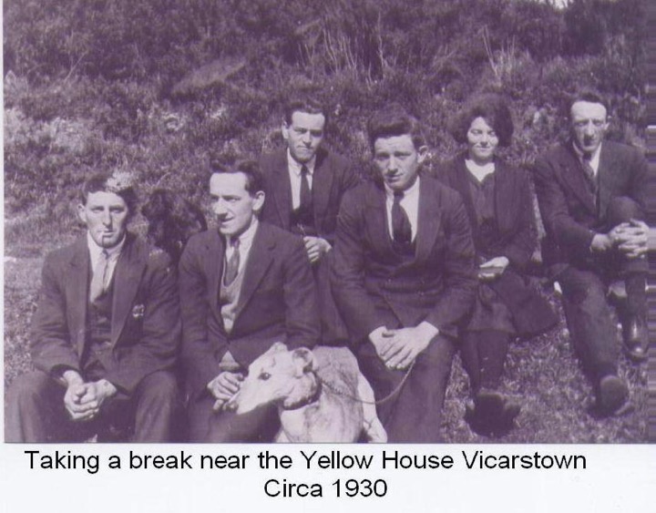 `Taking a break near the Yellow House Vicarstown, circa 1930. Group includes Stephen and Mary O’Sullivan from Ballyshonin.jpg